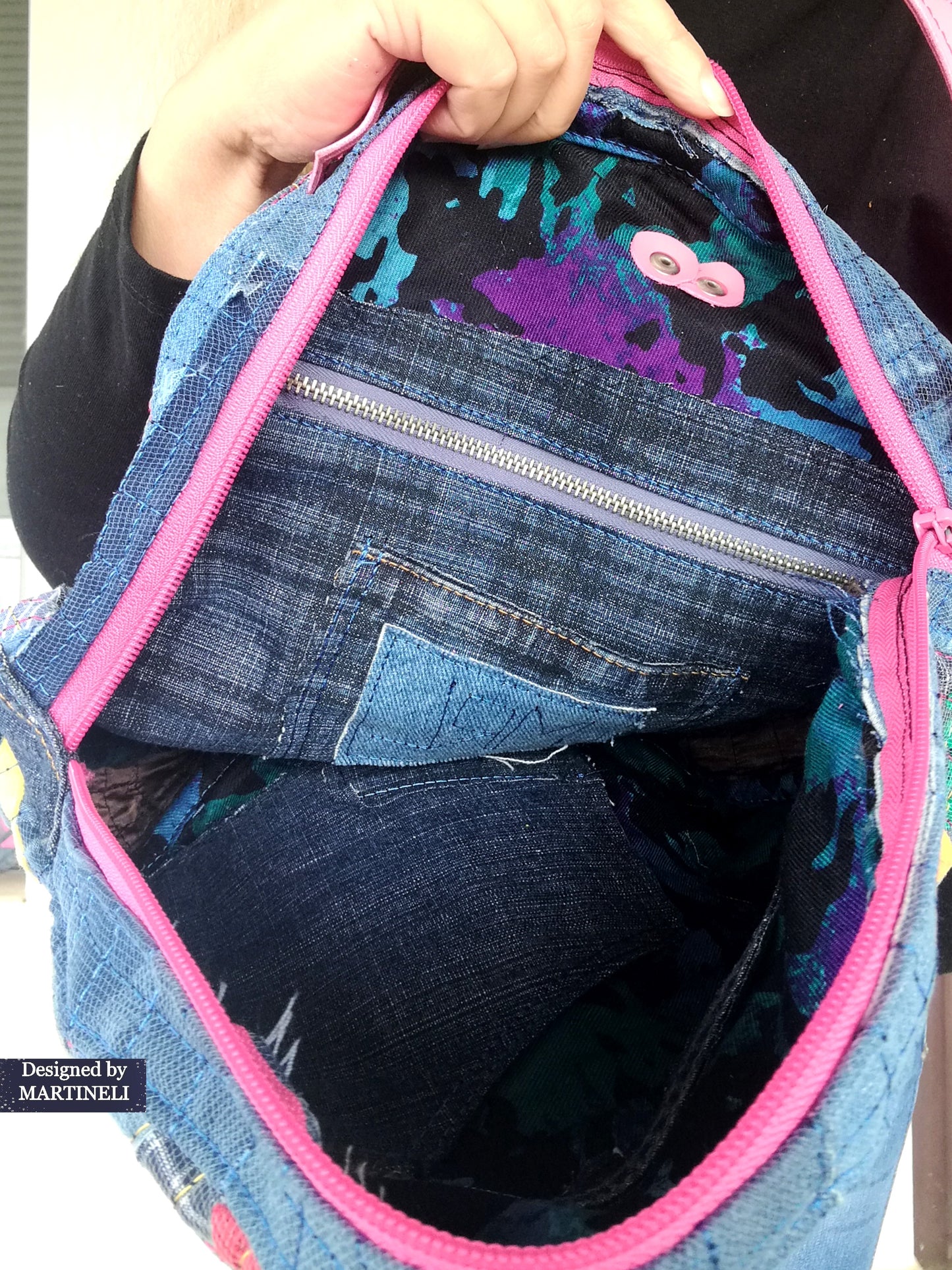 Colorful Denim and Leather Backpack Pink Italian Leather Rucksack