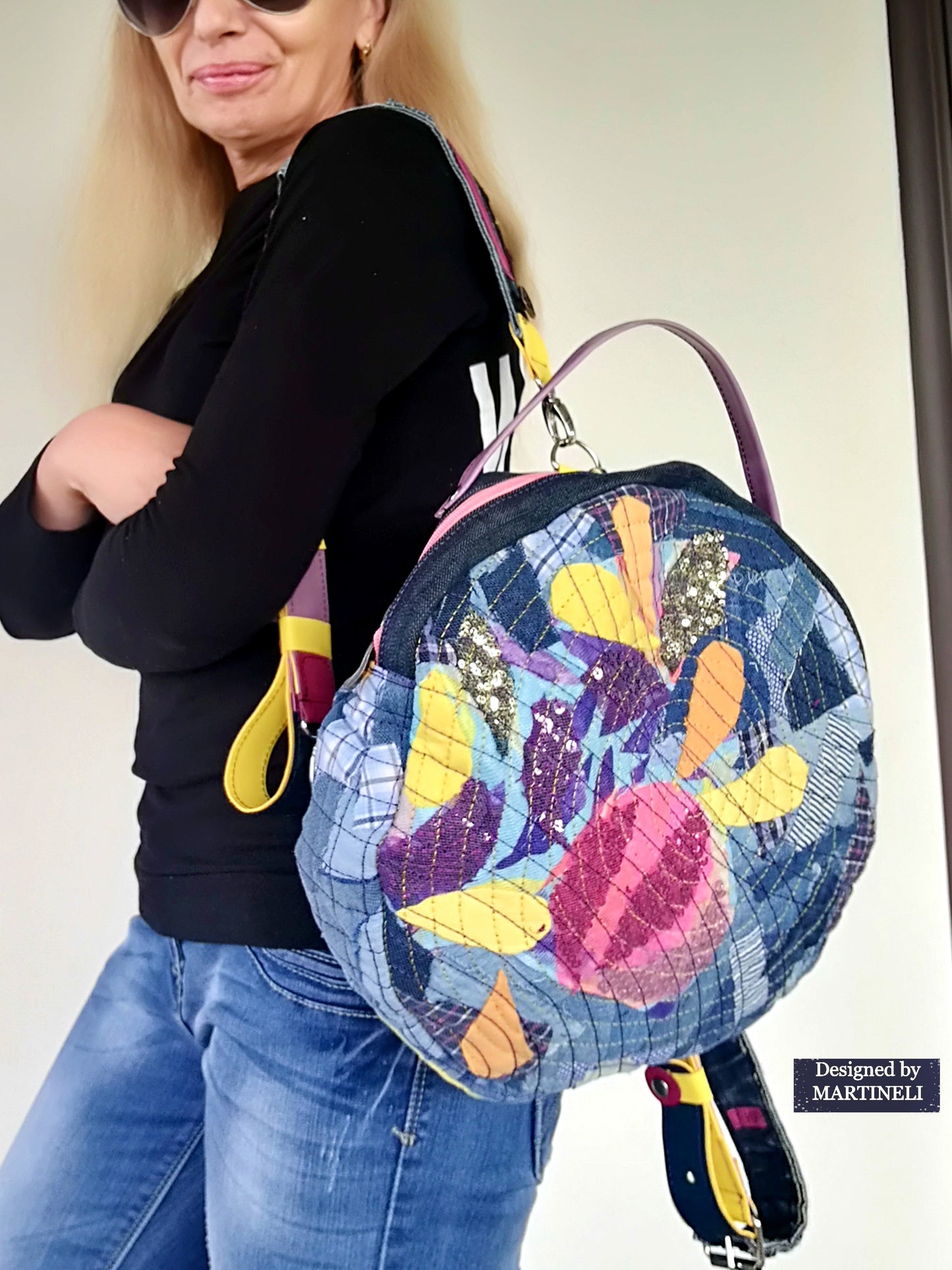 Denim and Leather Backpack Round Embroidered Rucksack