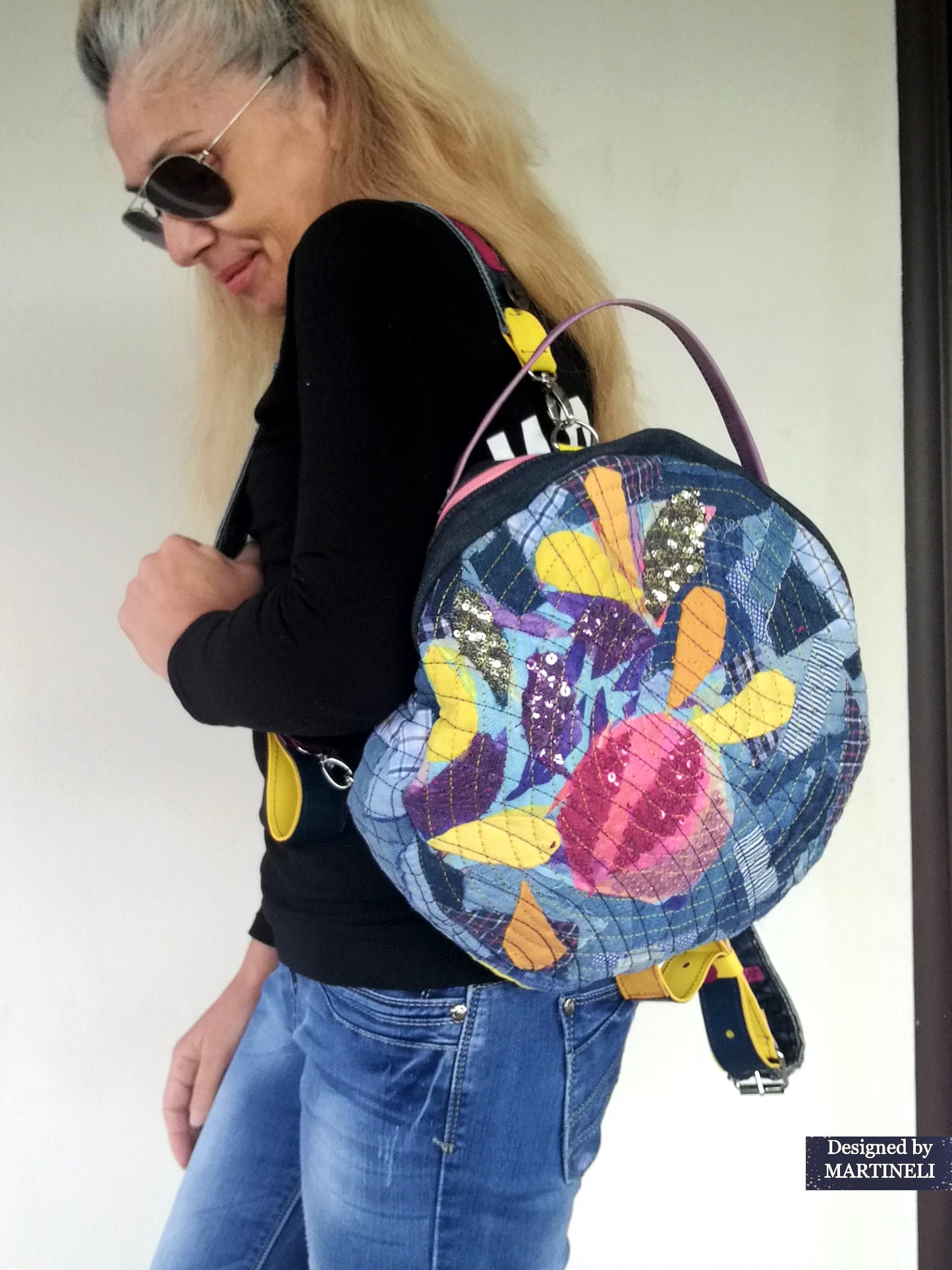 Denim and Leather Backpack Round Embroidered Rucksack