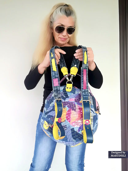 Denim and Leather Backpack Round Embroidered Rucksack