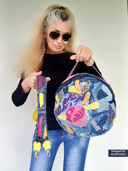 Denim and Leather Backpack Round Embroidered Rucksack