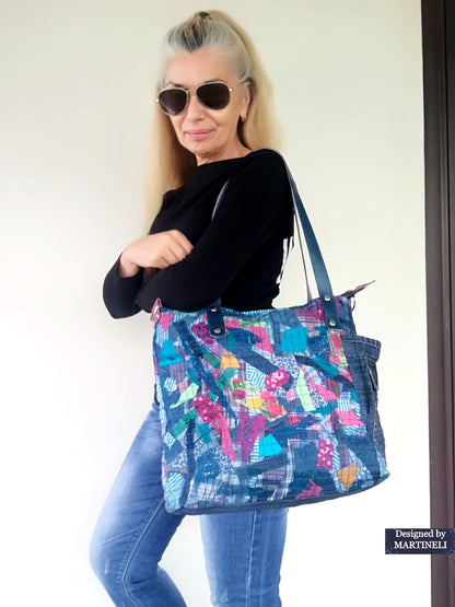 Large Denim and Leather Crossbody Bag Colorful Leather Tote Bag