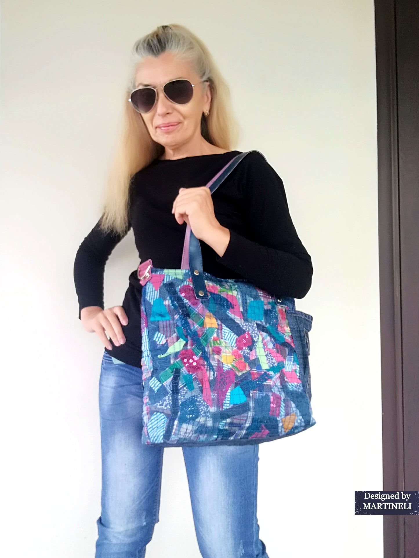 Large Denim and Leather Crossbody Bag Colorful Leather Tote Bag