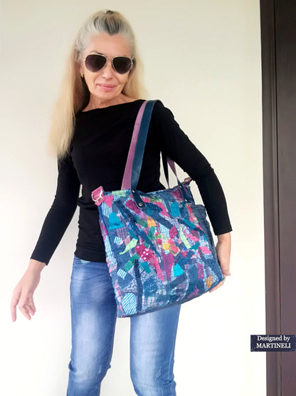 Large Denim and Leather Crossbody Bag Colorful Leather Tote Bag