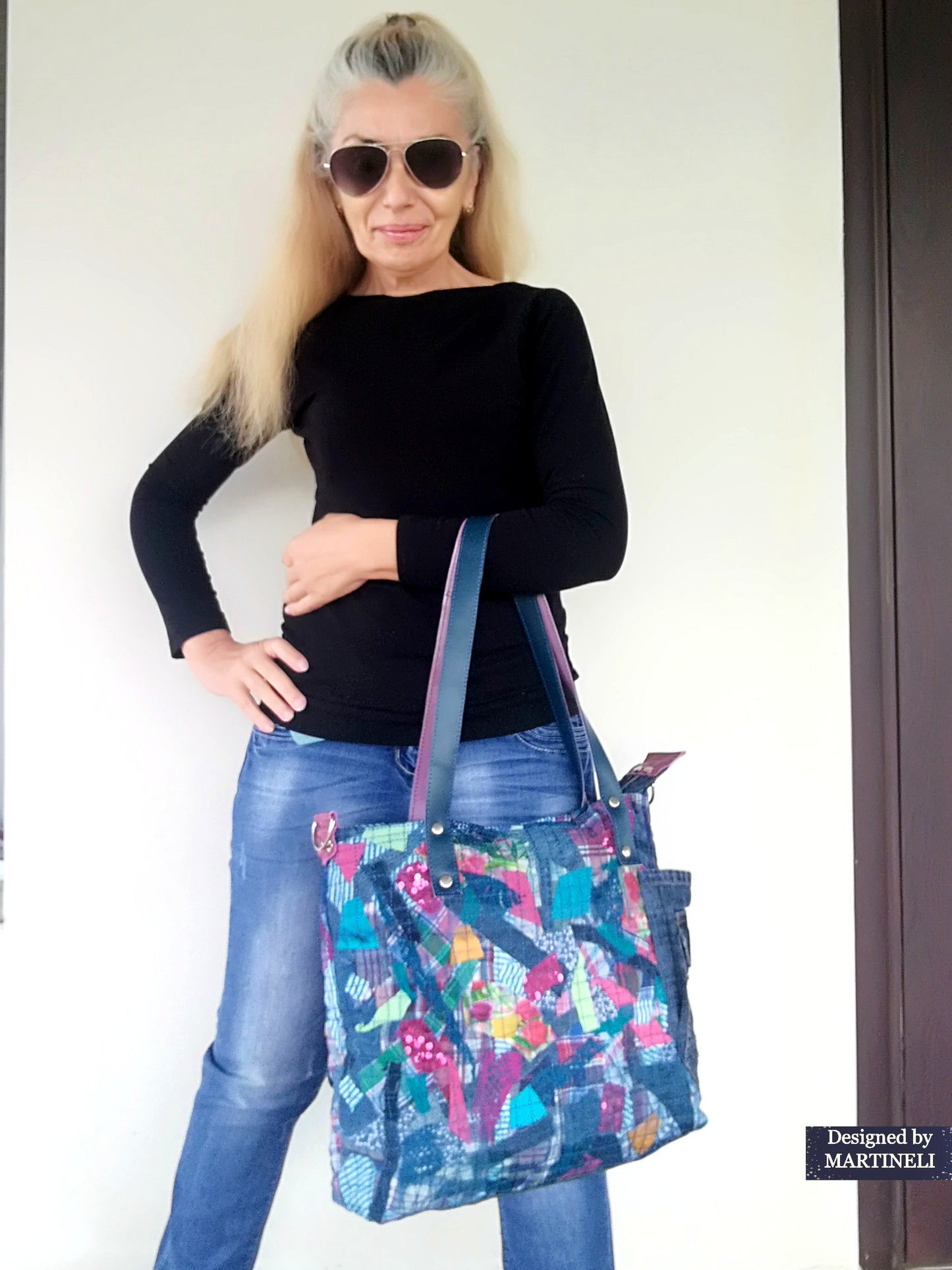 Large Denim and Leather Crossbody Bag Colorful Leather Tote Bag