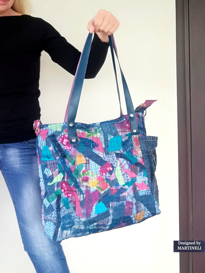 Large Denim and Leather Crossbody Bag Colorful Leather Tote Bag