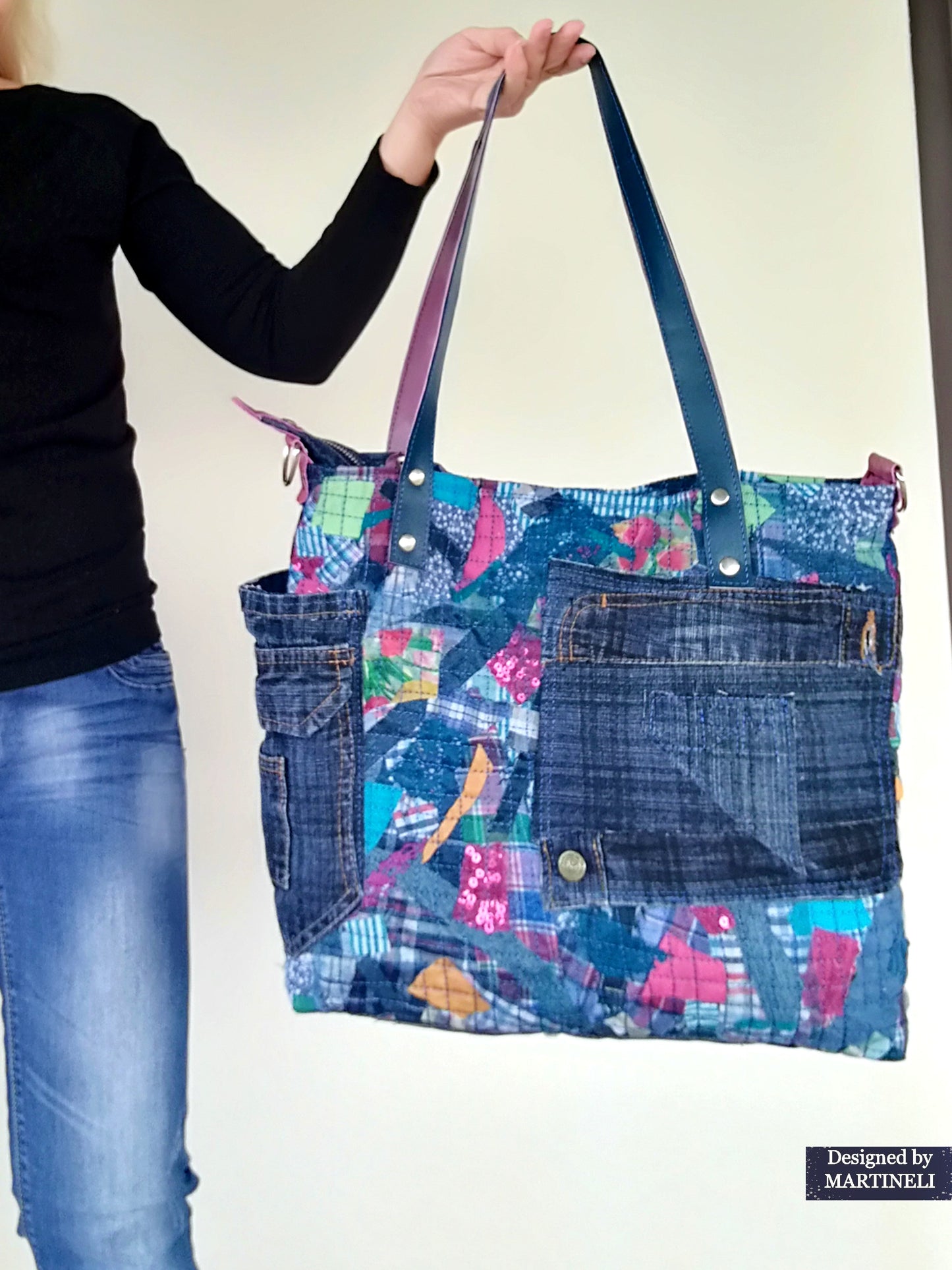 Large Denim and Leather Crossbody Bag Colorful Leather Tote Bag