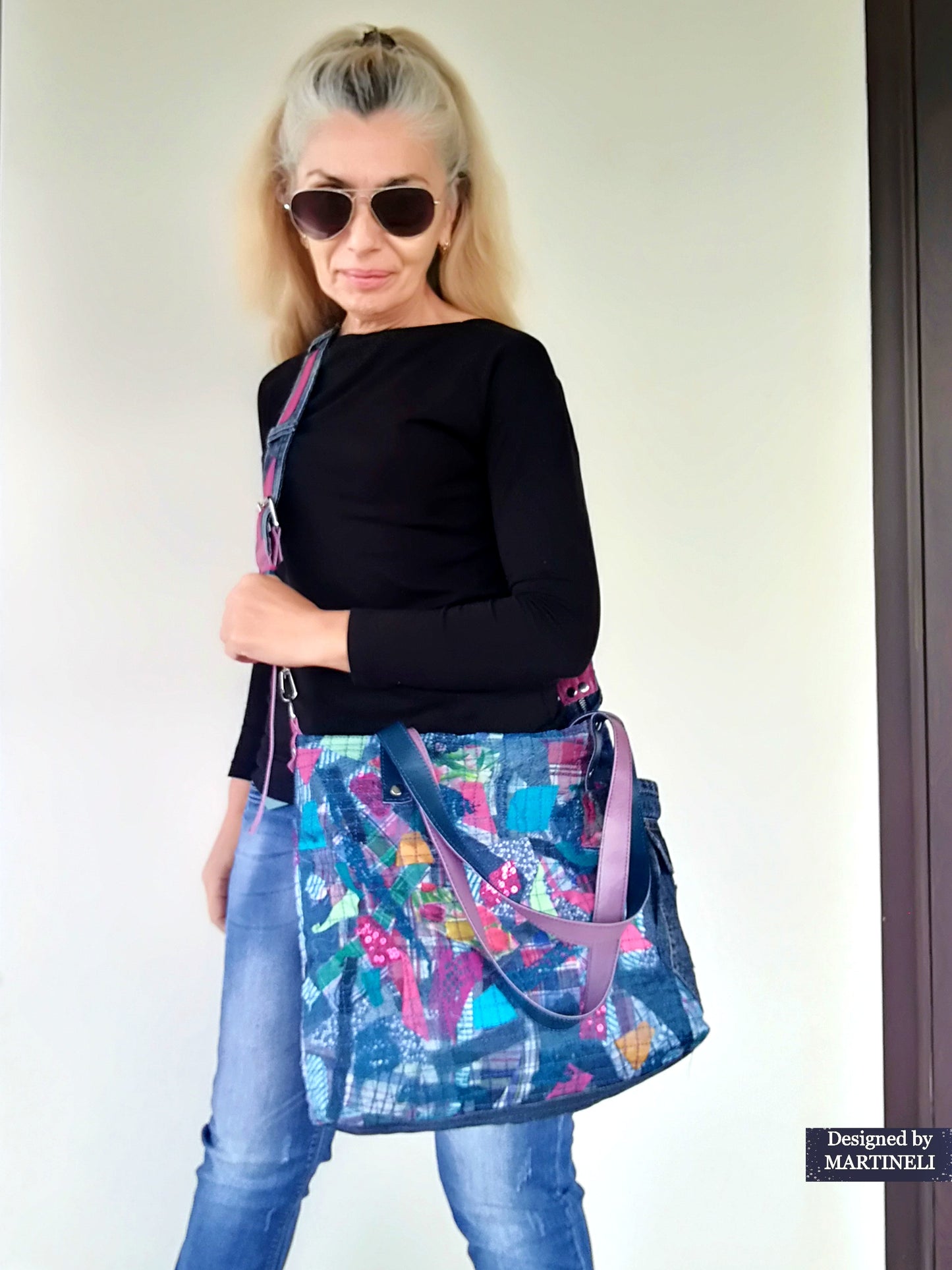 Large Denim and Leather Crossbody Bag Colorful Leather Tote Bag