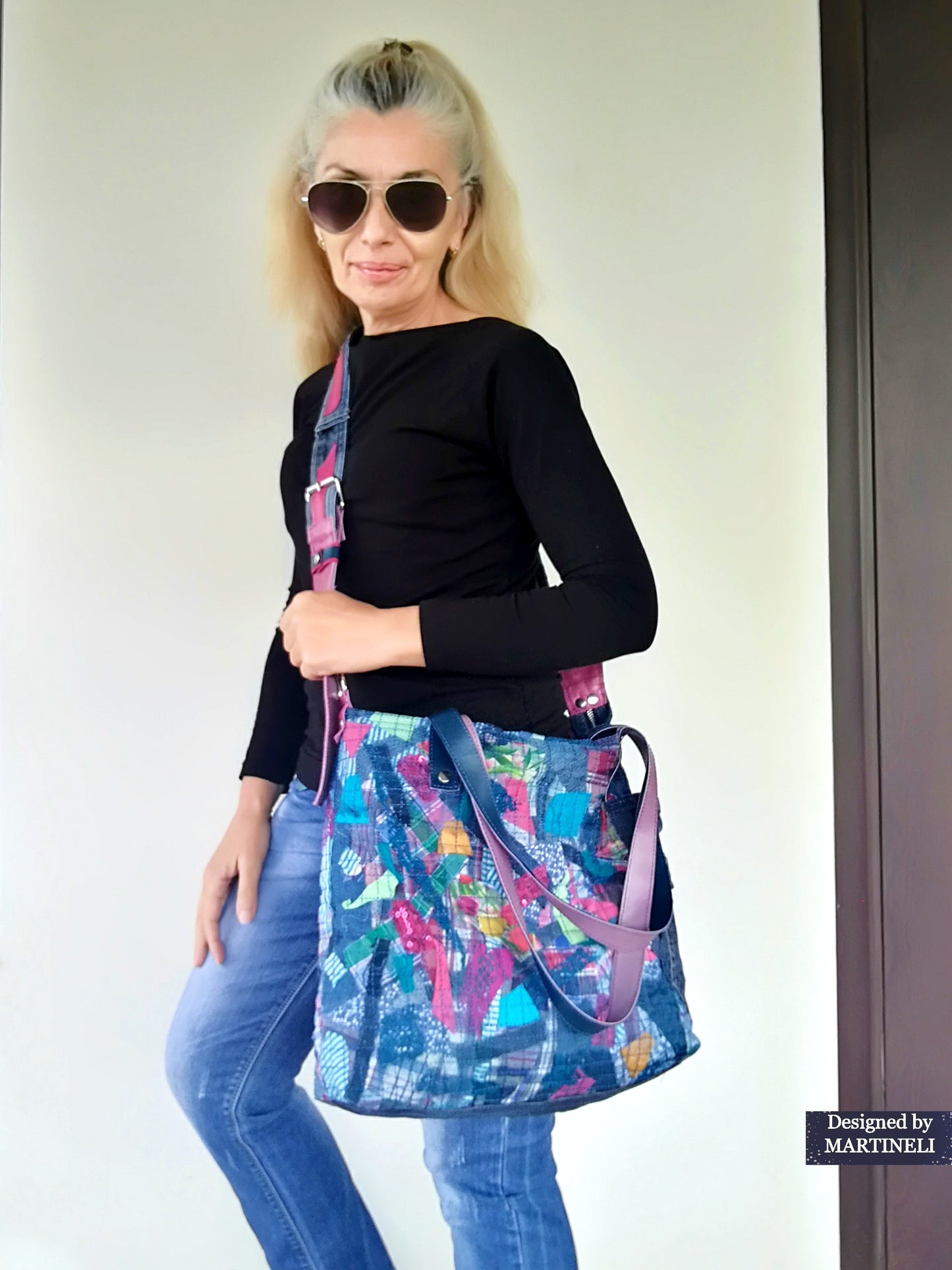 Large Denim and Leather Crossbody Bag Colorful Leather Tote Bag