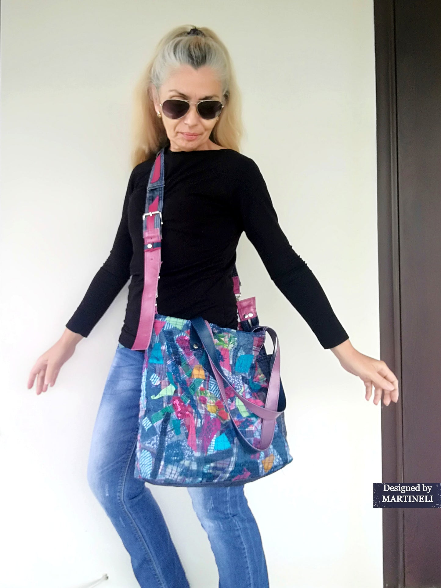 Large Denim and Leather Crossbody Bag Colorful Leather Tote Bag