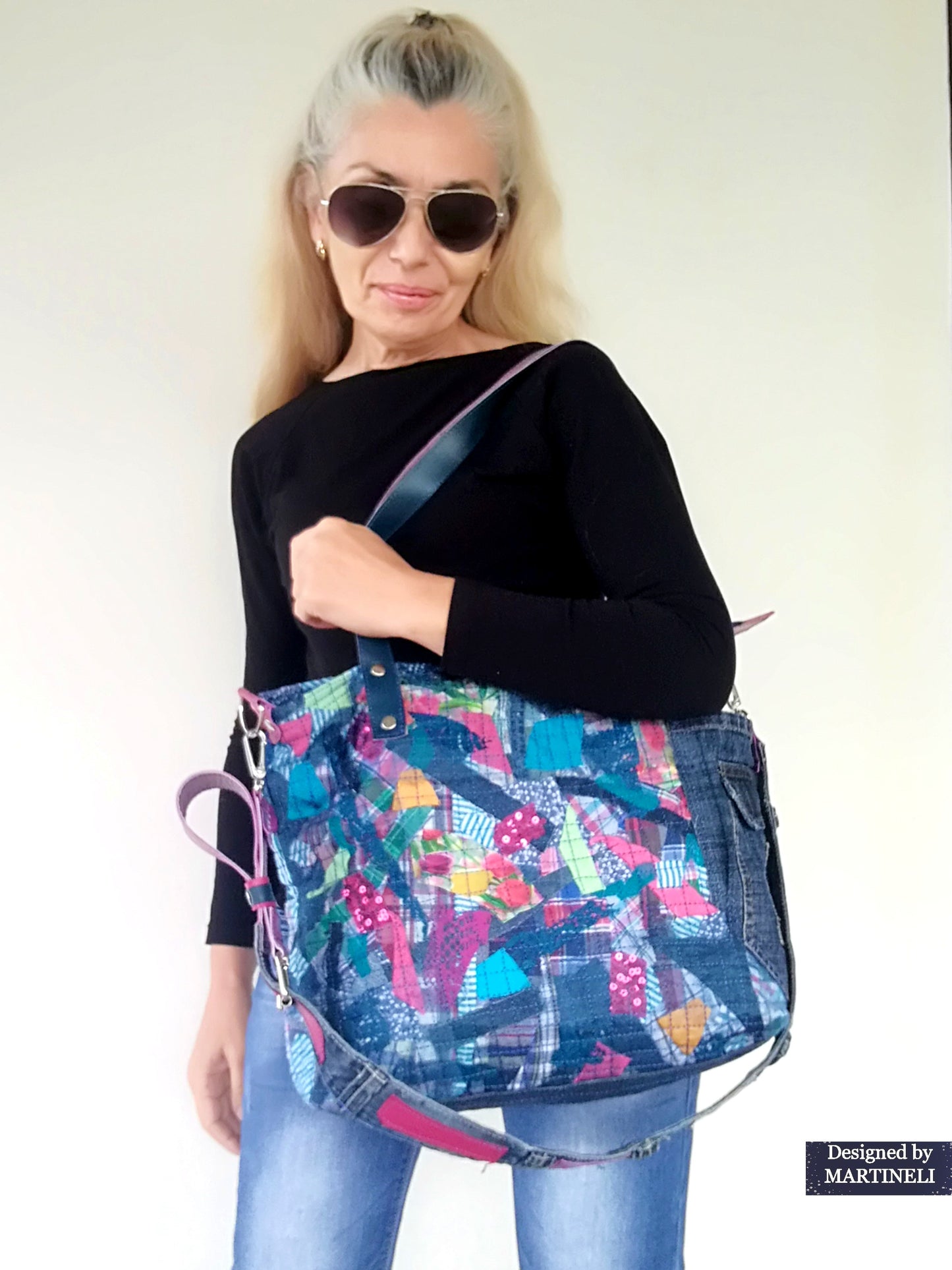 Large Denim and Leather Crossbody Bag Colorful Leather Tote Bag