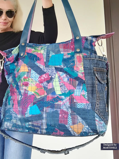 Large Denim and Leather Crossbody Bag Colorful Leather Tote Bag