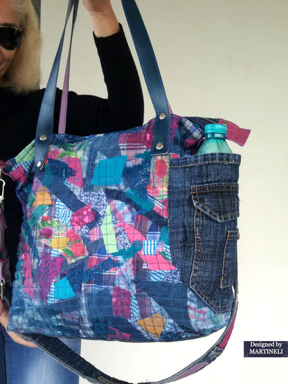 Large Denim and Leather Crossbody Bag Colorful Leather Tote Bag