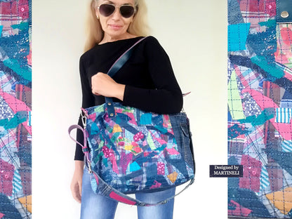 Large Denim and Leather Crossbody Bag Colorful Leather Tote Bag