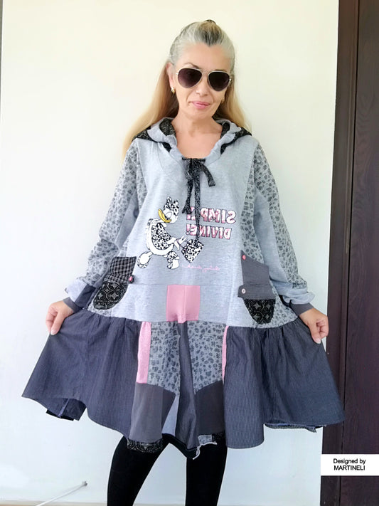 Plus Size Gray Hooded Dress,3X Daisy Duck Sweatshirt Dress