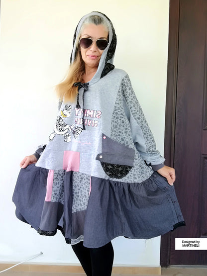 Plus Size Gray Hooded Dress,3X Daisy Duck Sweatshirt Dress