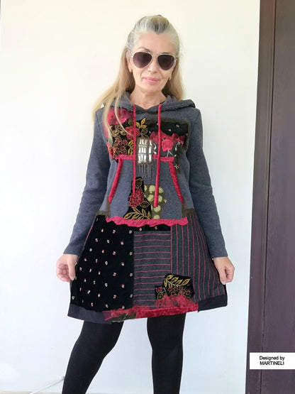 Floral Hooded Sweatshirt Dress,S/M Gray Embroidered Hoodie Dress
