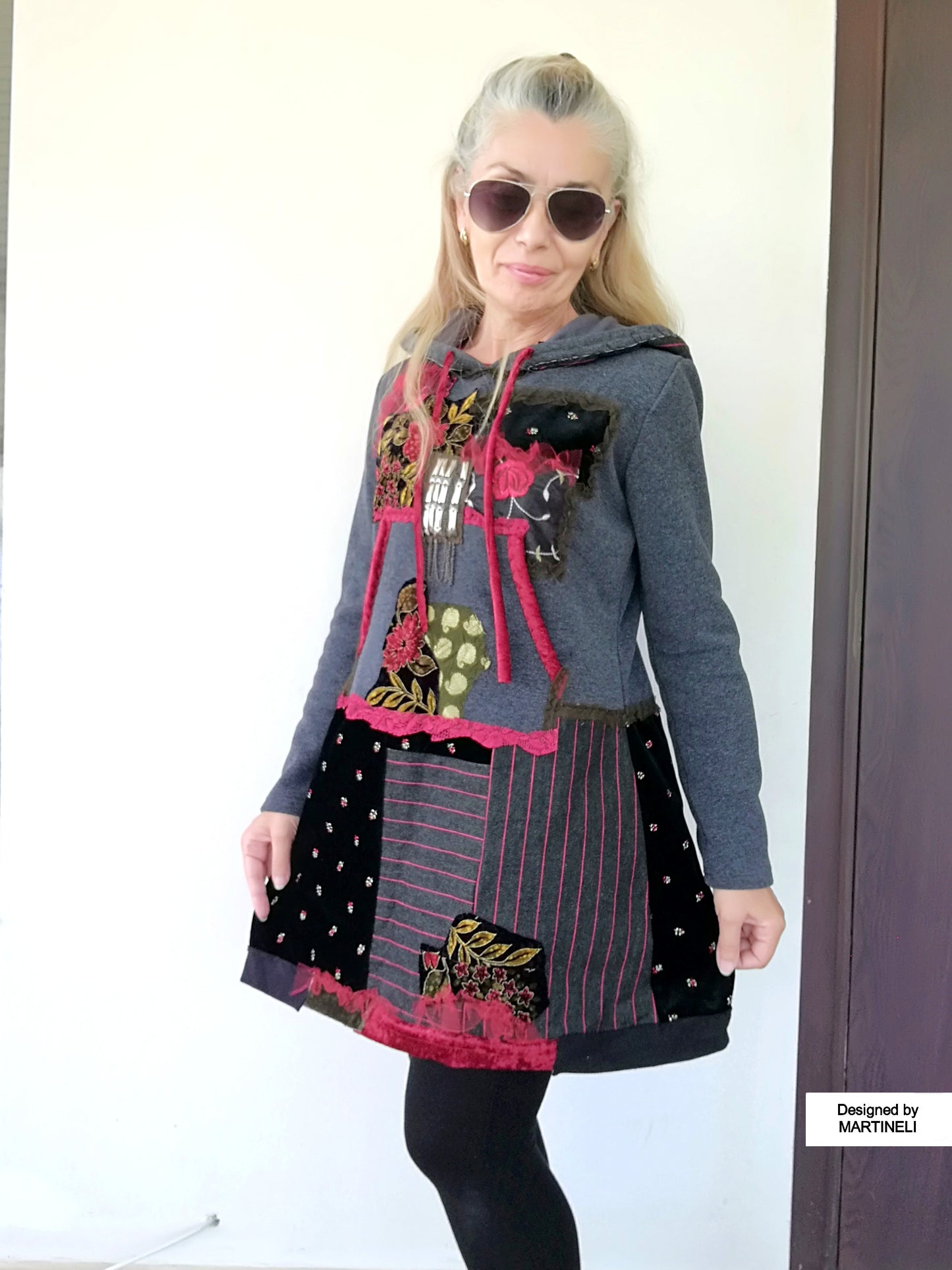 Floral Hooded Sweatshirt Dress,S/M Gray Embroidered Hoodie Dress