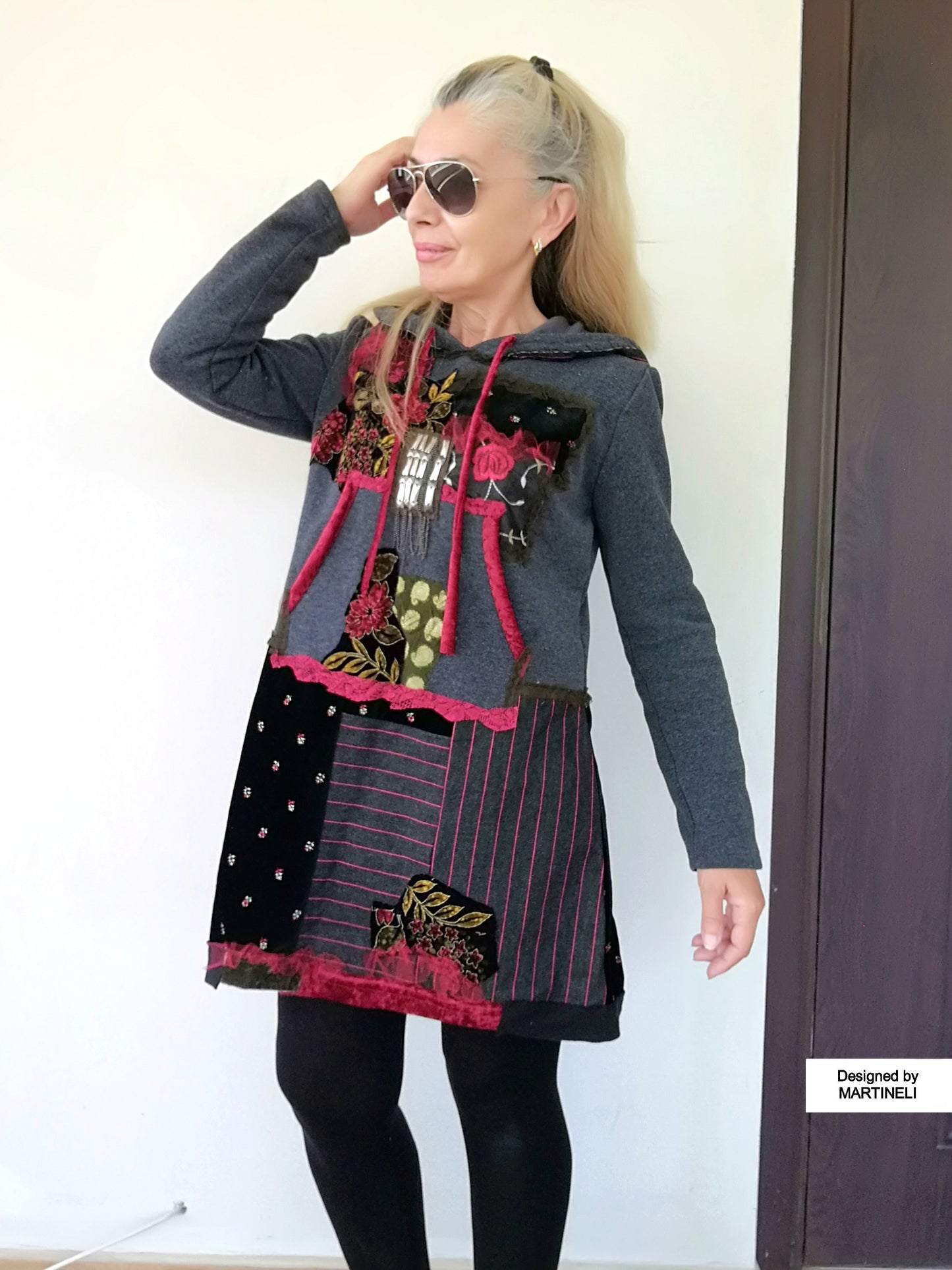 Floral Hooded Sweatshirt Dress,S/M Gray Embroidered Hoodie Dress