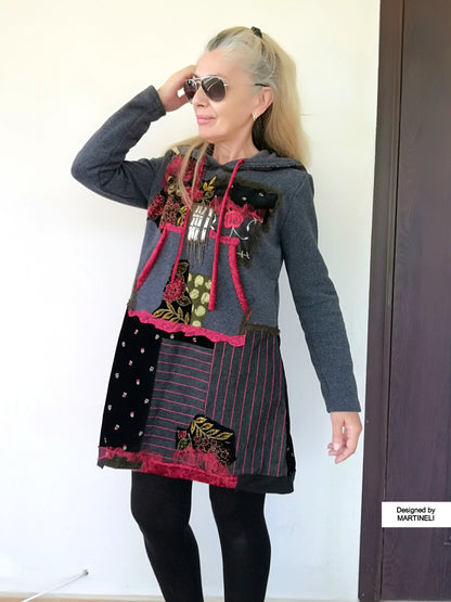 Floral Hooded Sweatshirt Dress,S/M Gray Embroidered Hoodie Dress