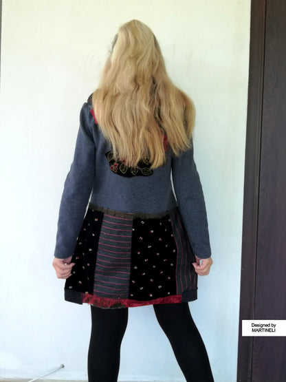 Floral Hooded Sweatshirt Dress,S/M Gray Embroidered Hoodie Dress