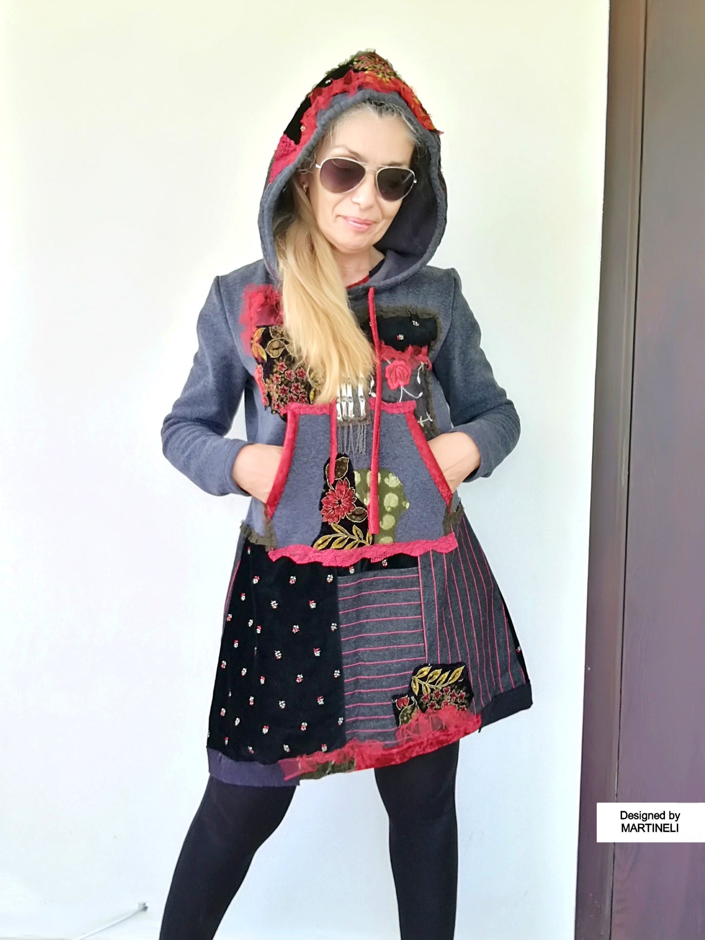 Floral Hooded Sweatshirt Dress,S/M Gray Embroidered Hoodie Dress
