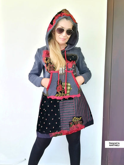 Floral Hooded Sweatshirt Dress,S/M Gray Embroidered Hoodie Dress