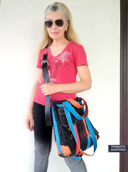 Colorful Denim and Leather Shoulder Bag-Italian Leather Tote Bag,Artsy Jean Crossbody Purse Bag Soft Leather Hand Bag Distressed Denim Patchwork