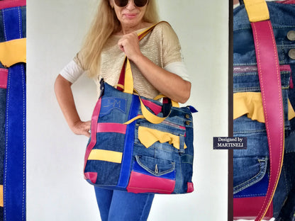 Boho Denim&Leather Shoulder Bag High End Italian Leather Tote Bag-Colorful Artsy Crossbody Purse,Big Soft Leather Distressed Denim Handbag