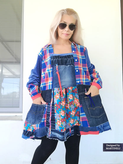 Plus Size Denim Shirt Dress,3XL Boho Style Tunic Dress