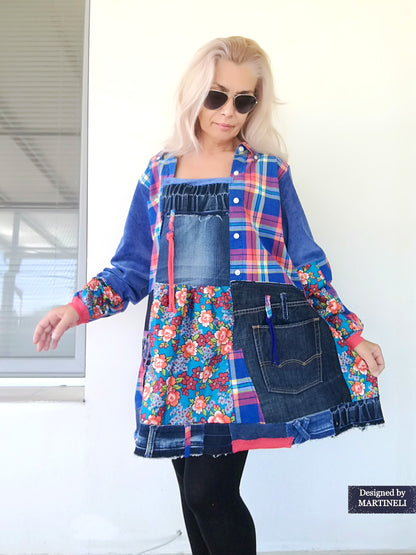 Plus Size Denim Shirt Dress,3XL Boho Style Tunic Dress