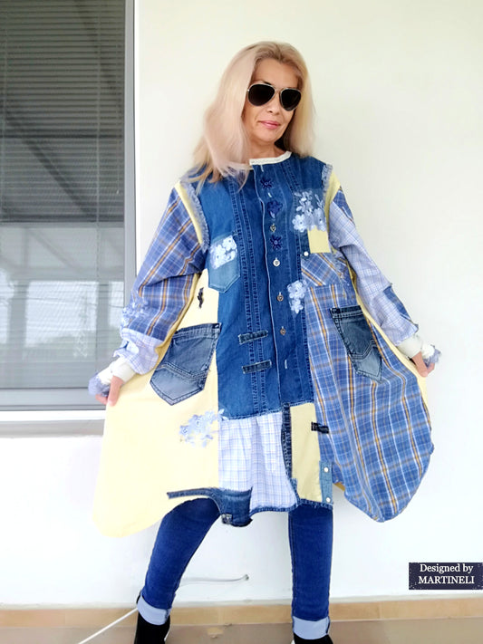 Plus Size Upcycled Denim Shirt Dress, 2XL Plaid Linen Boho Jacket,Yellow Linen Duster