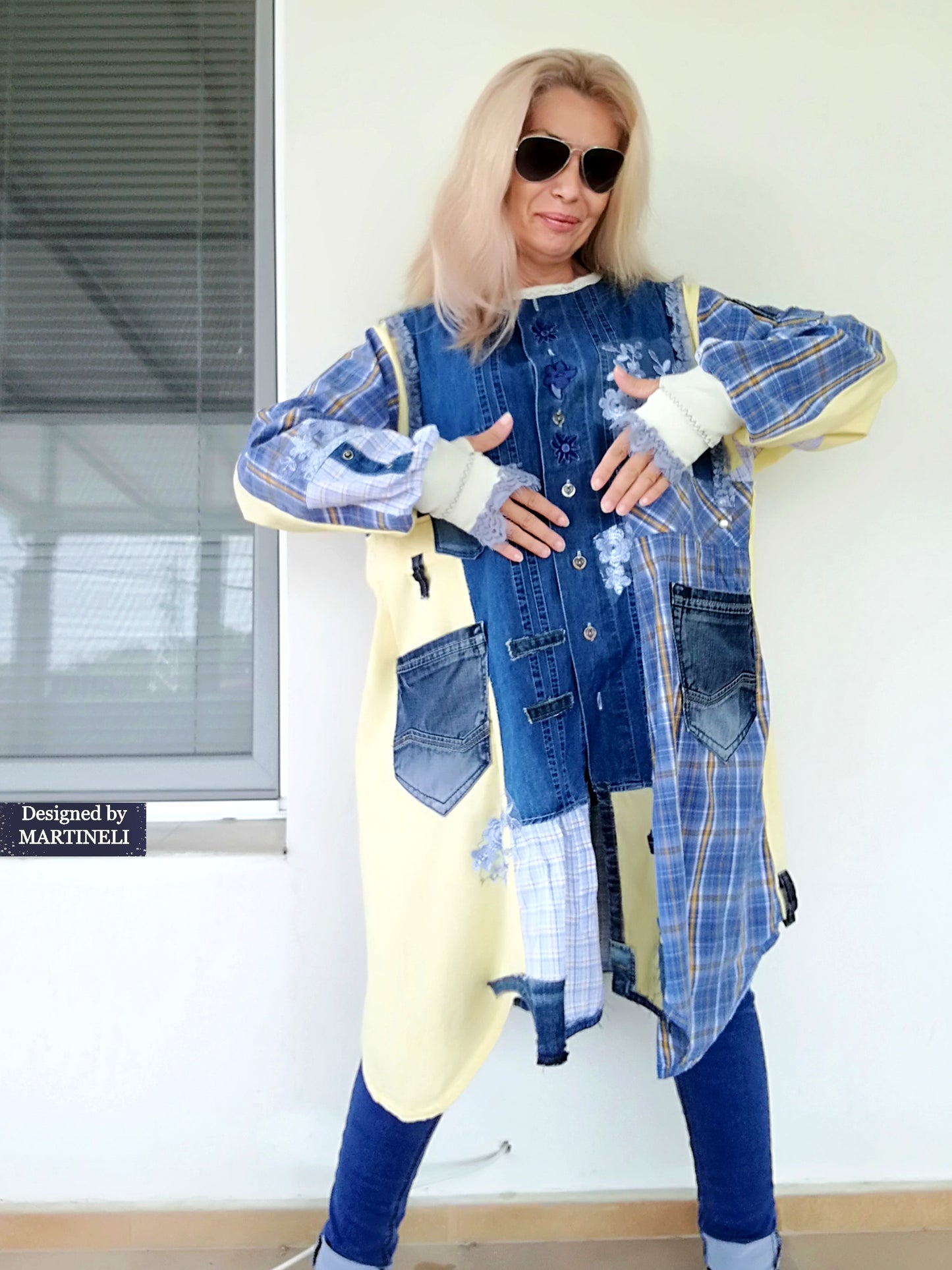Plus Size Upcycled Denim Shirt Dress, 2XL Plaid Linen Boho Jacket,Yellow Linen Duster