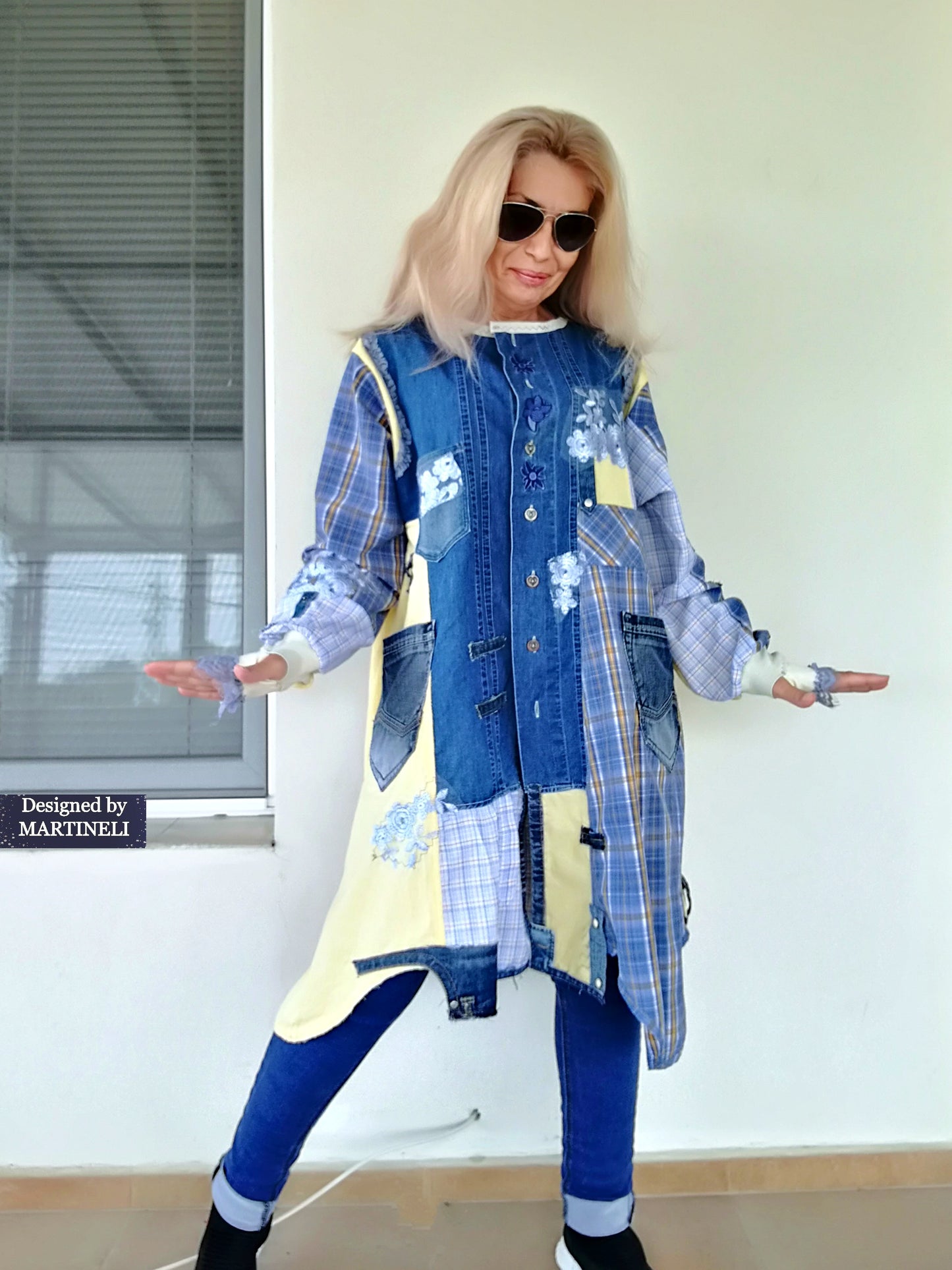 Plus Size Upcycled Denim Shirt Dress, 2XL Plaid Linen Boho Jacket,Yellow Linen Duster