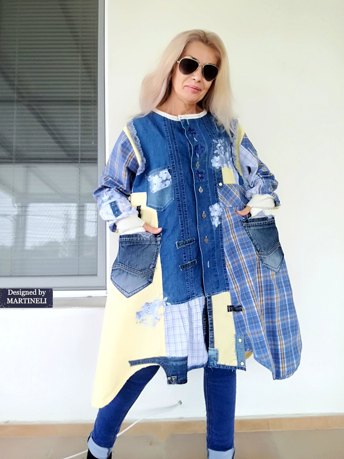 Plus Size Upcycled Denim Shirt Dress, 2XL Plaid Linen Boho Jacket,Yellow Linen Duster