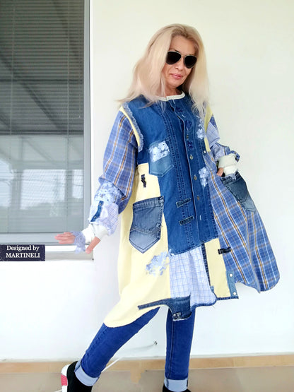 Plus Size Upcycled Denim Shirt Dress, 2XL Plaid Linen Boho Jacket,Yellow Linen Duster