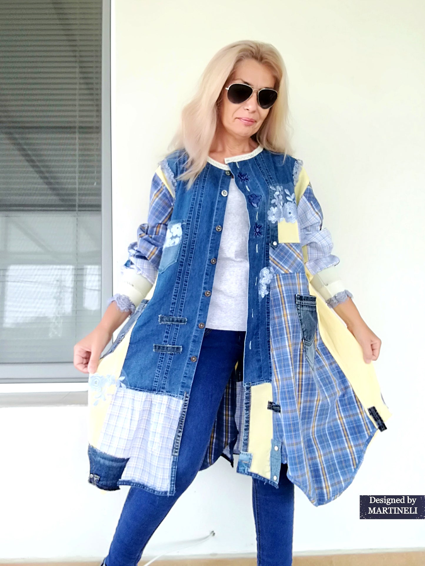 Plus Size Upcycled Denim Shirt Dress, 2XL Plaid Linen Boho Jacket,Yellow Linen Duster