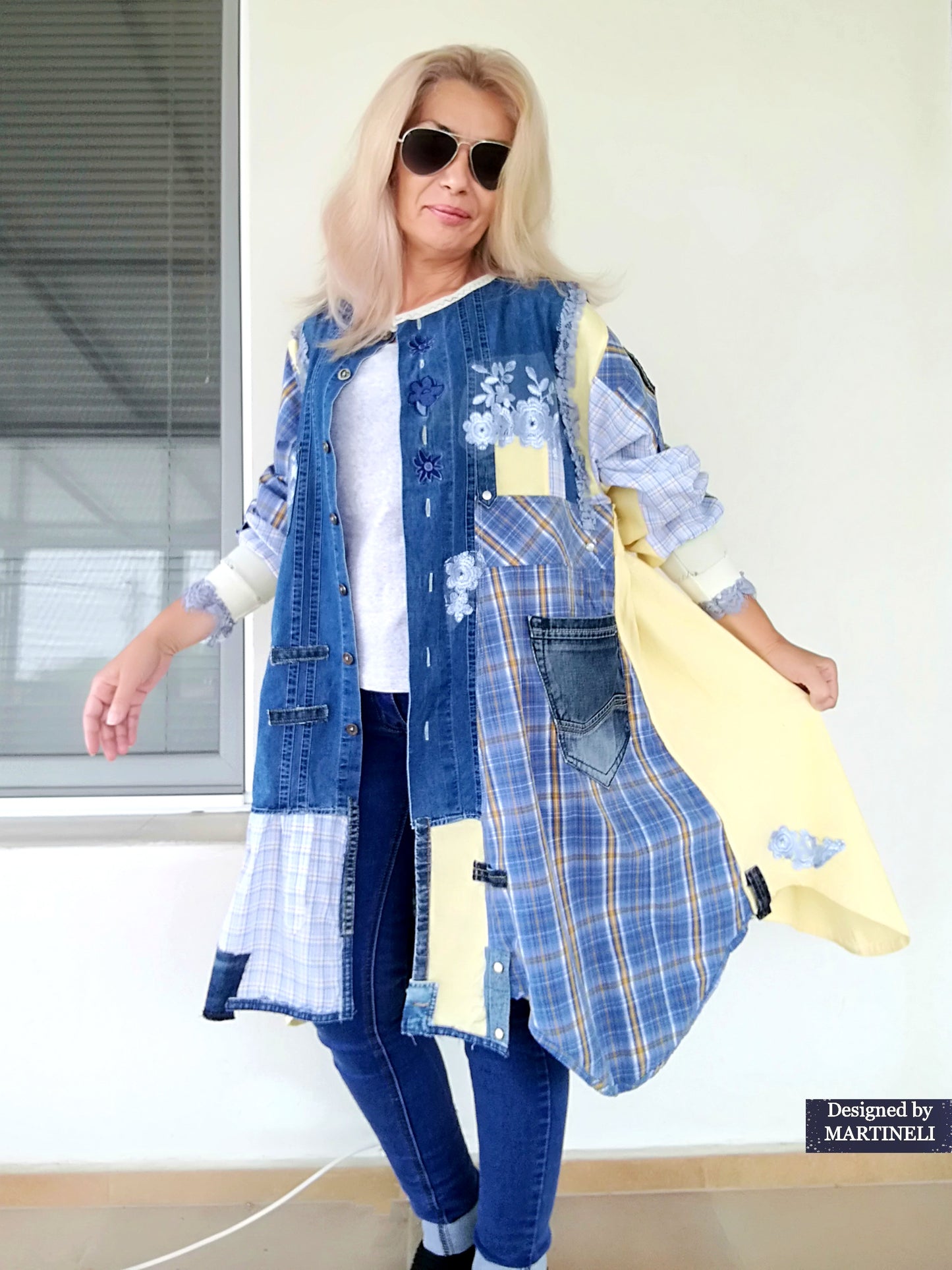 Plus Size Upcycled Denim Shirt Dress, 2XL Plaid Linen Boho Jacket,Yellow Linen Duster