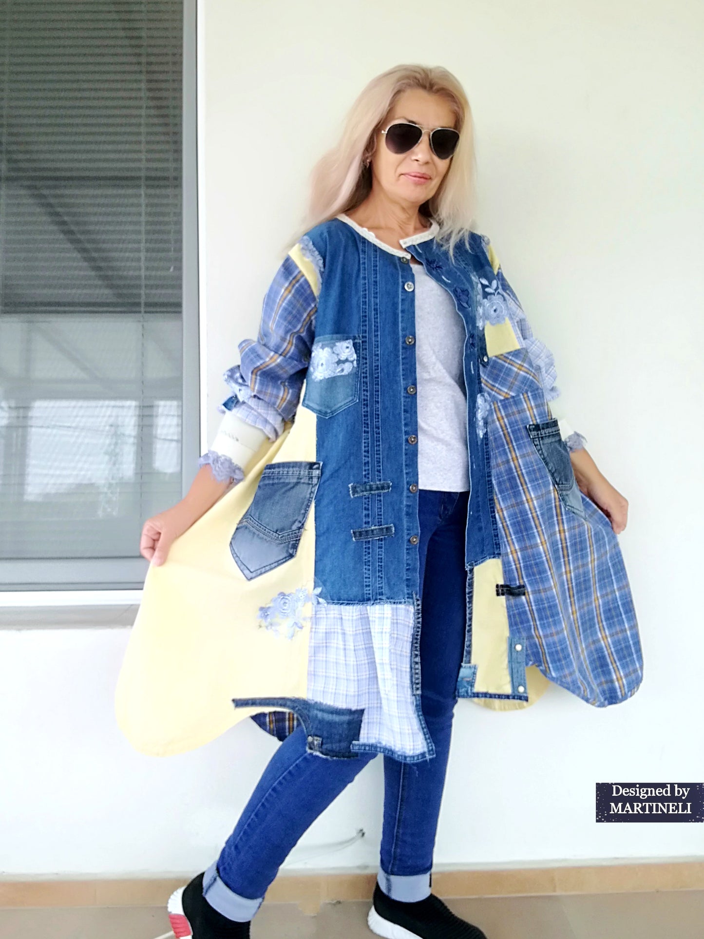 Plus Size Upcycled Denim Shirt Dress, 2XL Plaid Linen Boho Jacket,Yellow Linen Duster
