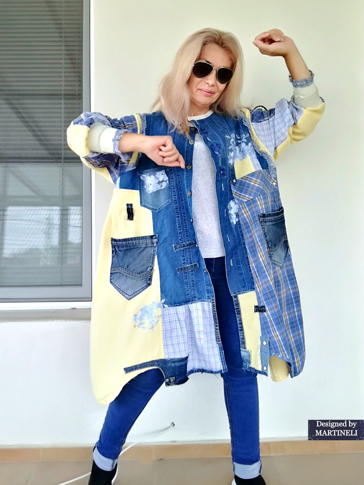 Plus Size Upcycled Denim Shirt Dress, 2XL Plaid Linen Boho Jacket,Yellow Linen Duster