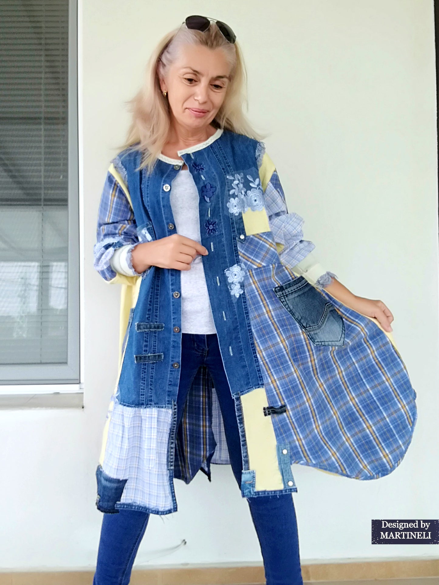Plus Size Upcycled Denim Shirt Dress, 2XL Plaid Linen Boho Jacket,Yellow Linen Duster