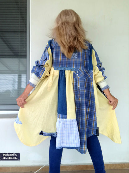 Plus Size Upcycled Denim Shirt Dress, 2XL Plaid Linen Boho Jacket,Yellow Linen Duster