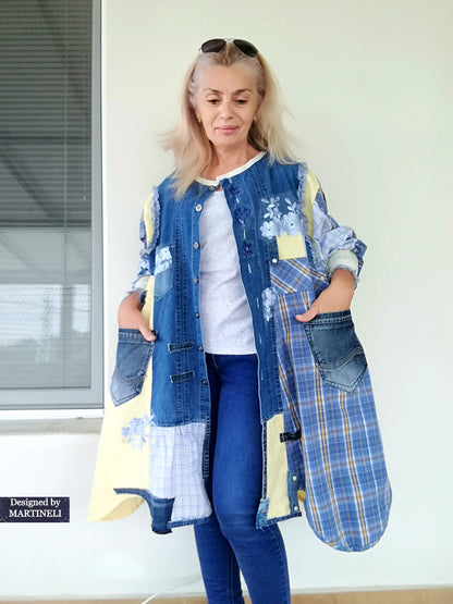 Plus Size Upcycled Denim Shirt Dress, 2XL Plaid Linen Boho Jacket,Yellow Linen Duster