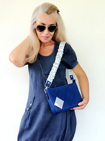 Blue Leather Stylish Bag-Italian Leather Shoulder Purse Bag-Luxury Artsy Bridal Gift Idea Patchwork Navy Blue Cross Body Bag Stylish Wedding