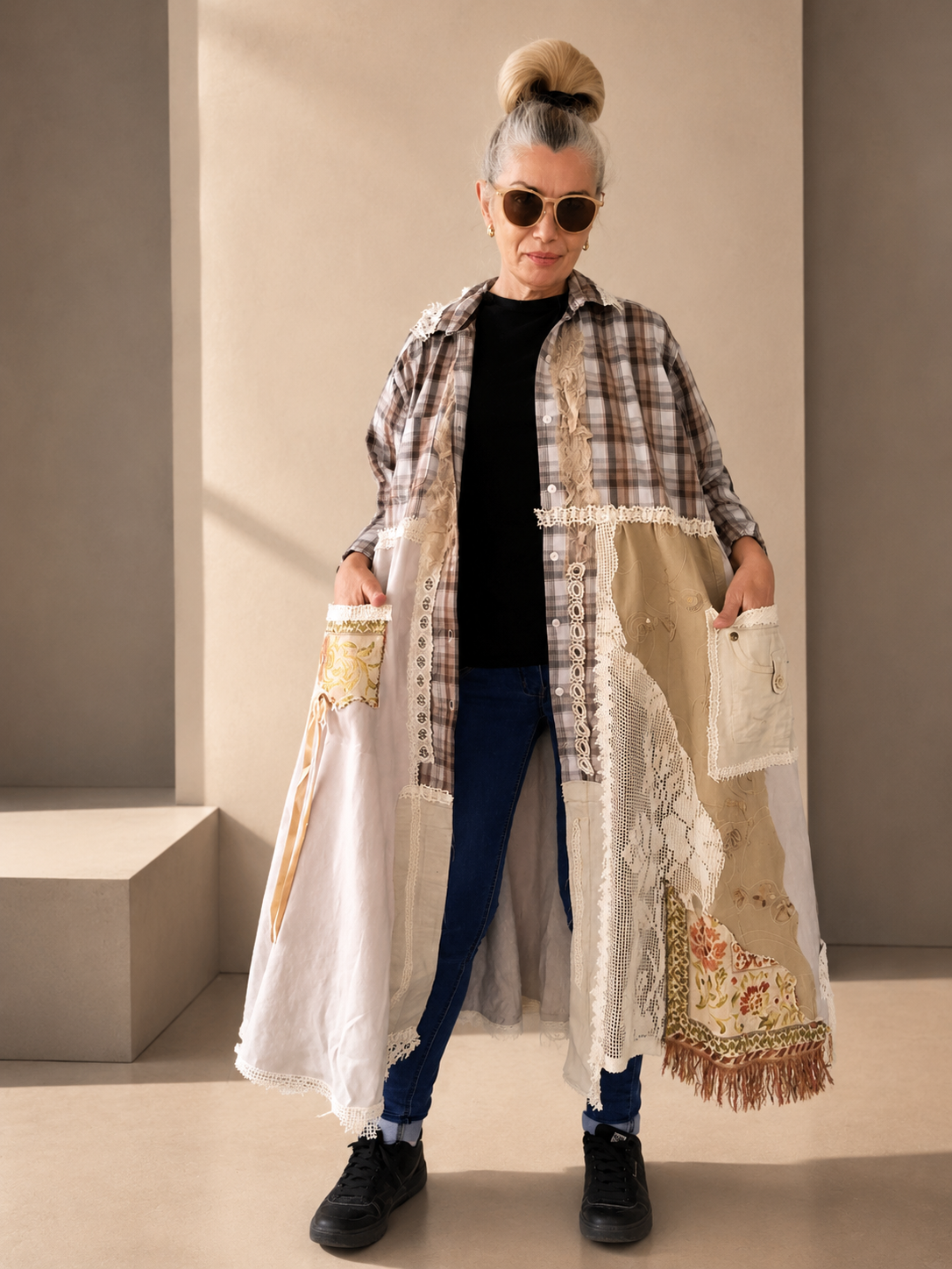 2XL Plus Size Linen Duster Dress – Beige Plaid Patchwork Boho Jacket