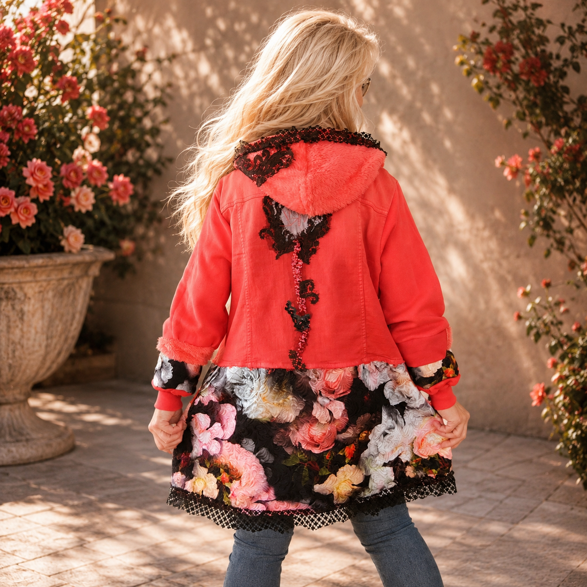 Coral Pink Hooded Denim Jacket – Floral Patchwork, Green Lace, Boho Artwear