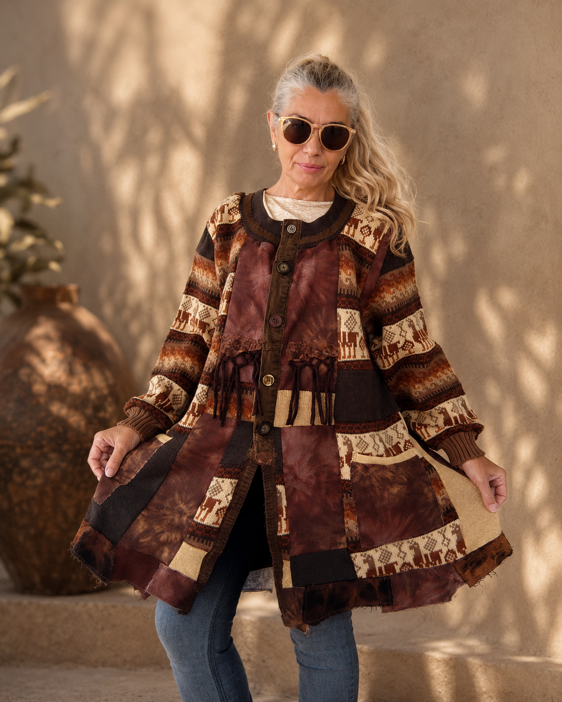 2XL Plus Size Wool Cardigan Dress – Brown Patchwork Boho Coat