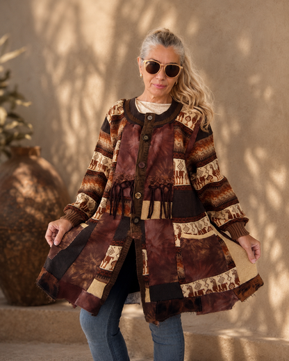 2XL Plus Size Wool Cardigan Dress – Brown Patchwork Boho Coat