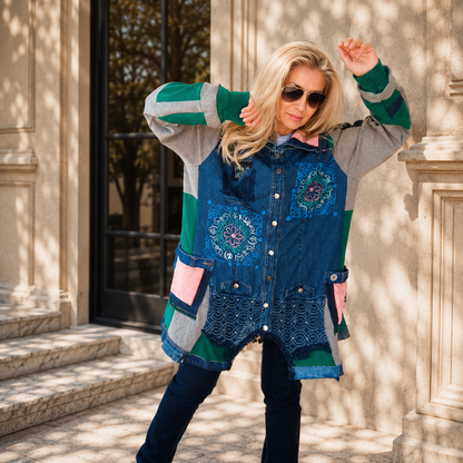 3XL Plus Size Denim Jacket – Boho Patchwork, Hand Painted Artwear