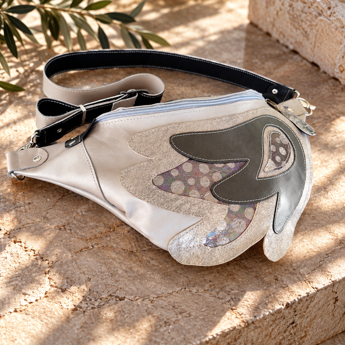 Greige Italian Leather Angel Wing Sling Bag